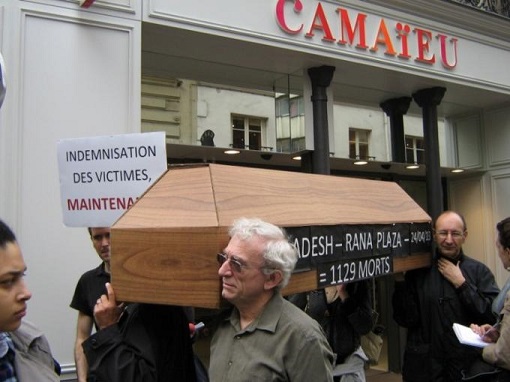 Camaieu, Effondrement du Rana Plaza au Bangladesh, Peuples Solidaires pour le Collectif Ethique sur l'étiquette.