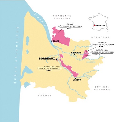 Un été dans les vignes. Situation géographique des Châteaux Côtes de Bordeaux participants.