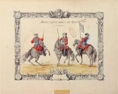 RMN/Musée de l'Armée Estampe coloriée représentant les mousquetaires de la 2e compagnie. Planche extraite du recueil d’uniformes de Jacques Antoine Delaistre, 1721.