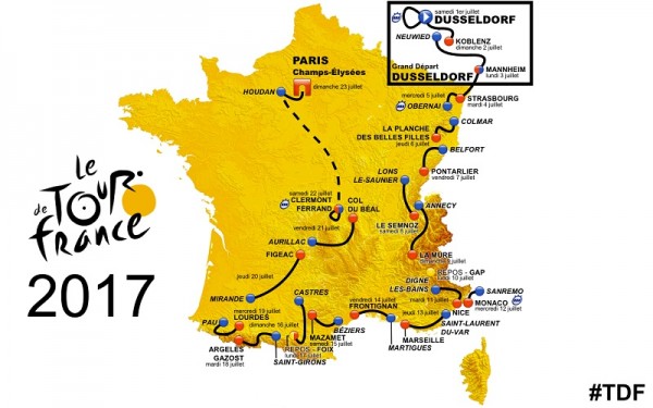Carte des bruits d'etapes et d'arrivée du Tour 2017