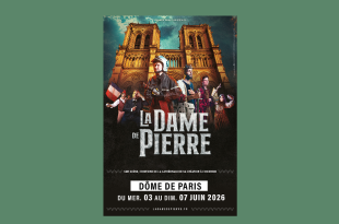 affiche du psectacle de la Dame de Pierre avec plein de comédiens.